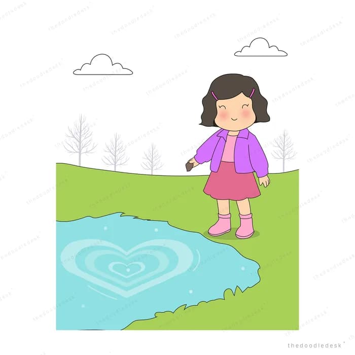 Girl standing at the edge of a heart-shaped pond in a green field
