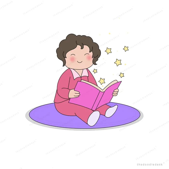 Girl sitting on a purple rug reading a pink book with music notes around her