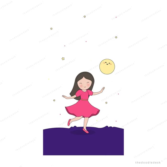 Girl in a pink dress dancing on a purple stage under a smiling sun