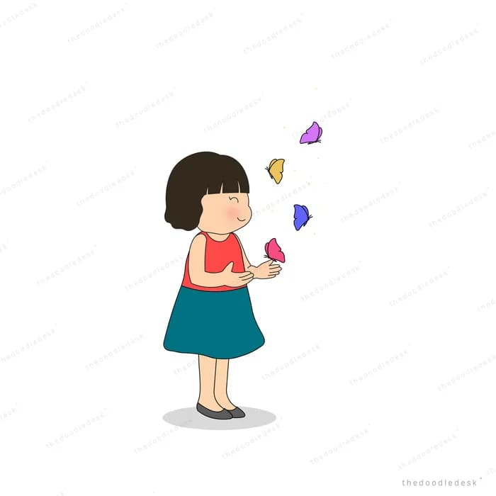 Girl in a teal skirt releasing small purple paper shapes into the air