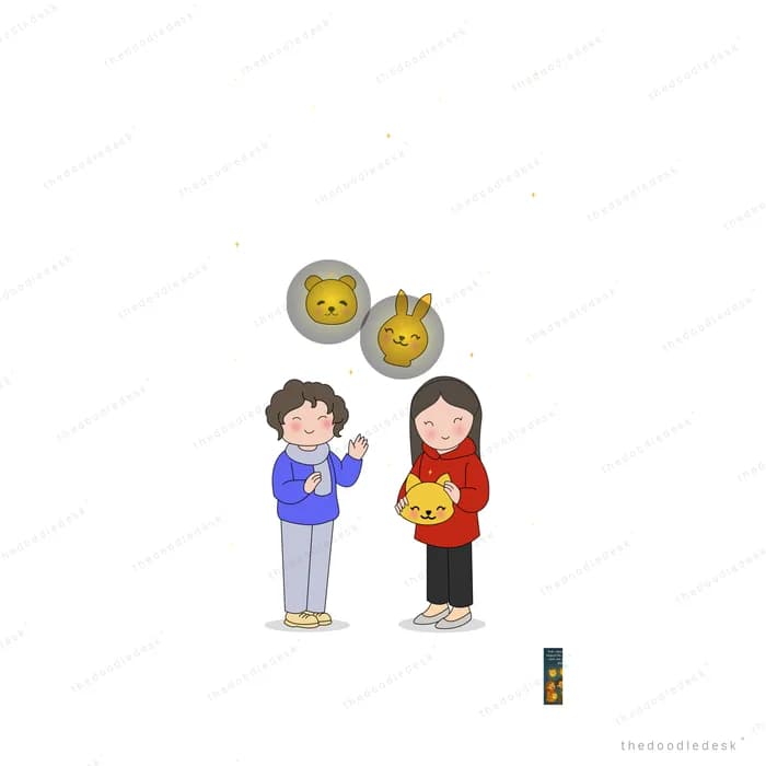 Two girls comparing animal-face paper lanterns with matching thought bubbles above