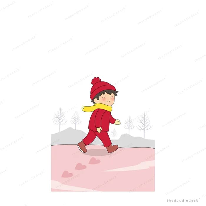 Girl in a red coat and hat walking across pink snow leaving heart footprints