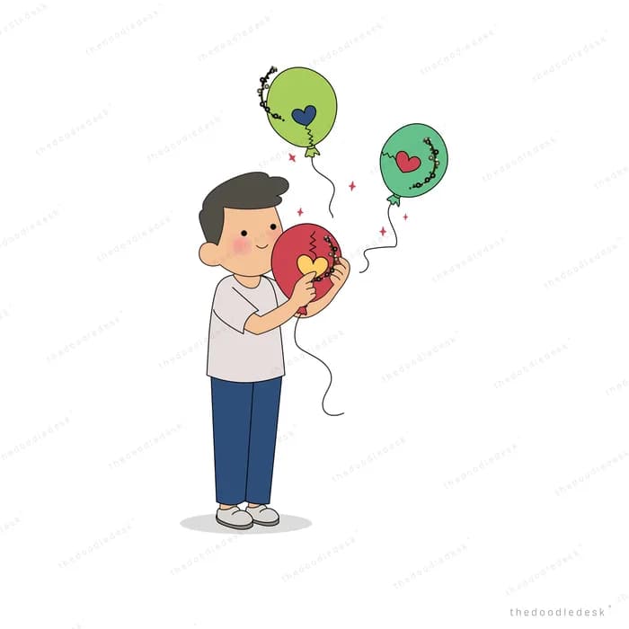 Man holding a red heart and two green balloons