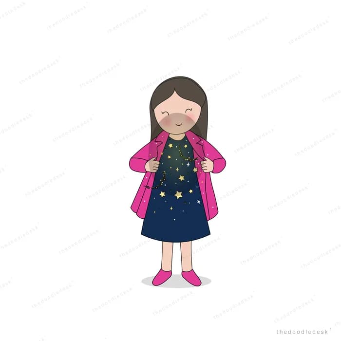 Girl standing in a starry navy dress and open pink coat