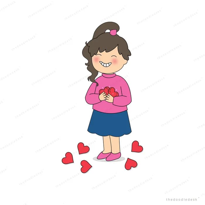 Girl in pink cradling a small red heart with hearts scattered at her feet
