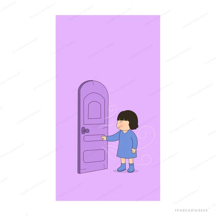 Small girl reaching to open a purple door in a purple wall