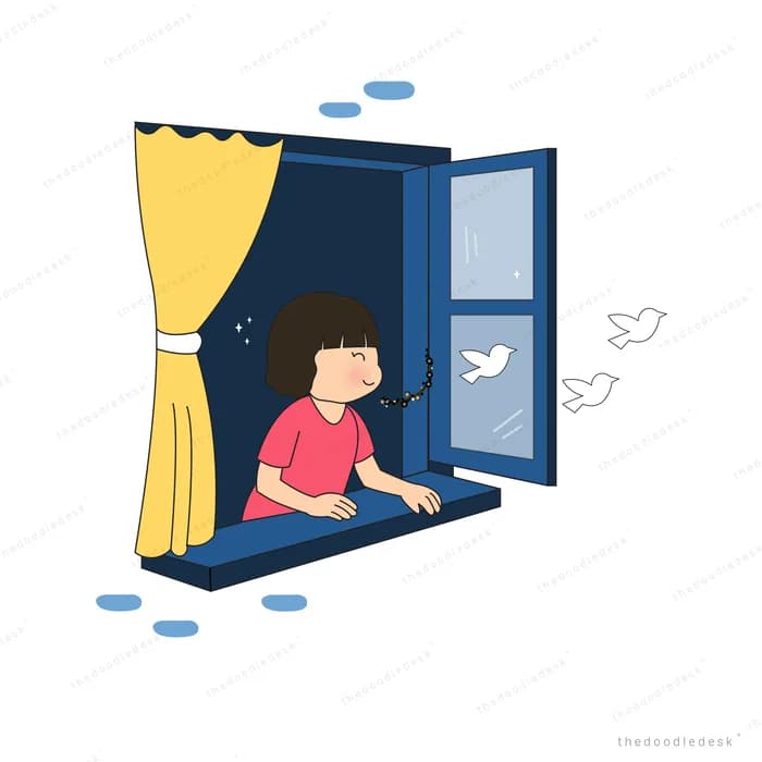 Girl sitting in a dark window watching birds fly past a yellow curtain