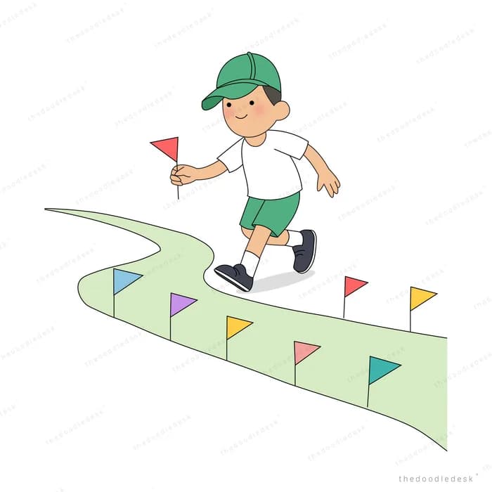 Boy in a cap walking a winding path lined with bunting flags carrying one of his own