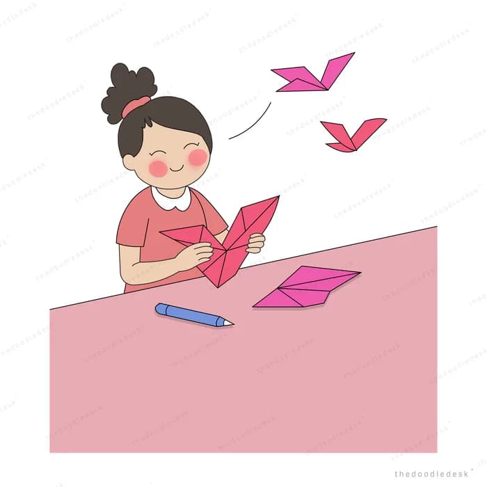 Girl folding pink paper into origami birds at a pink desk