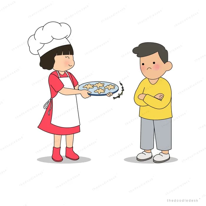 Girl in a chef hat offering a plate of food to a reluctant boy