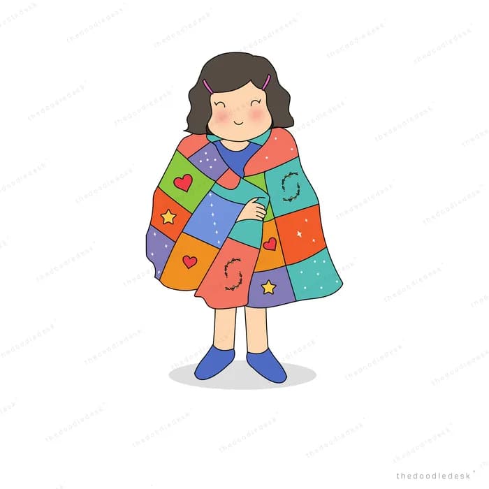 Girl wrapped in a colourful patchwork quilt