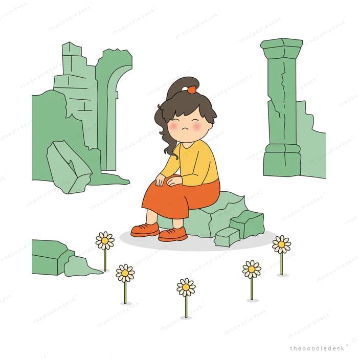 Girl sitting among broken green stone pillars with dandelions and a paper plane