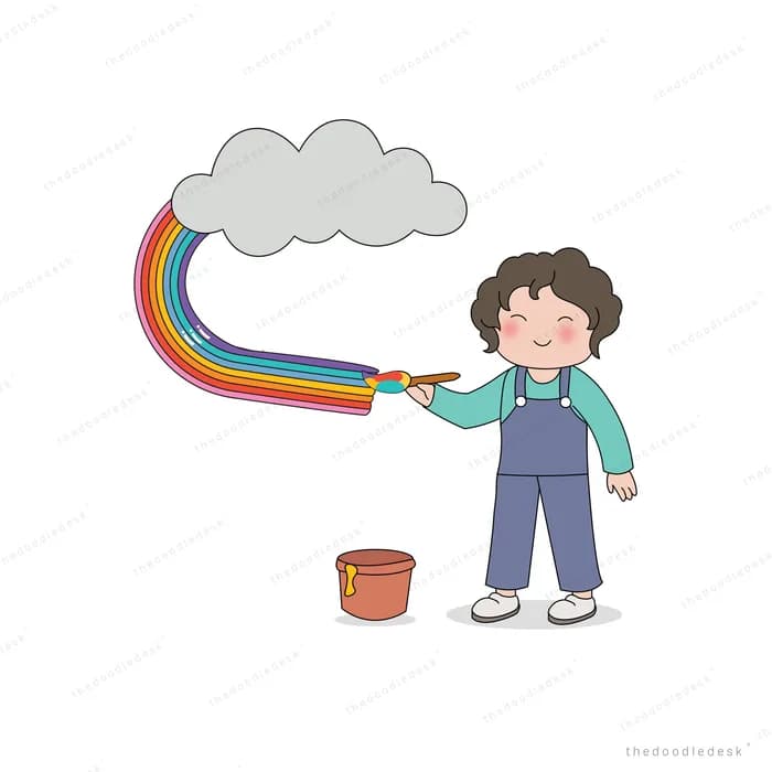 Boy painting a rainbow onto a grey cloud with a brush and paint bucket