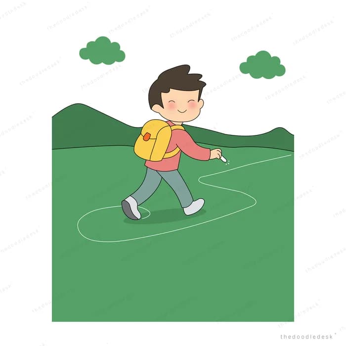 Boy with a backpack walking a winding path over a green hill
