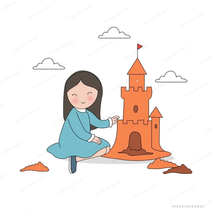 Girl kneeling beside a tall sandcastle with towers and a flag