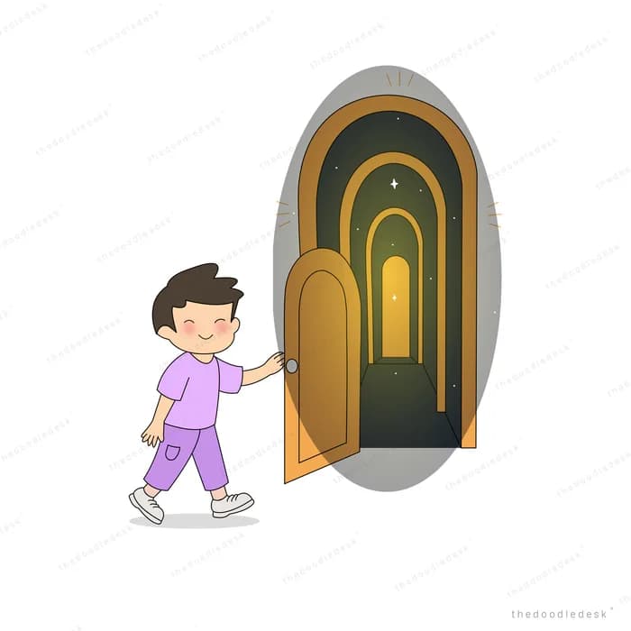 Boy pulling open a tall golden arched door