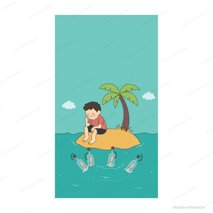 Boy paddling a small raft toward a palm island past floating message bottles