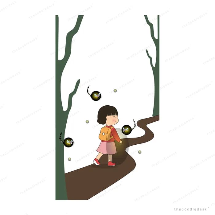 Girl carrying a lantern along a dark forest path hung with glowing lamps