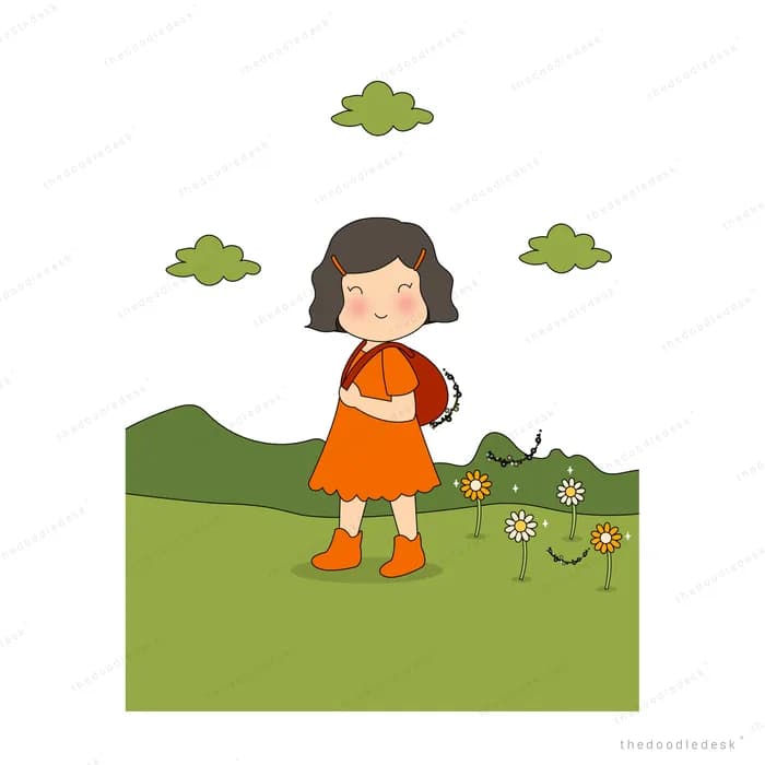 Girl in an orange dress standing on a green hill with her hair blowing in the wind