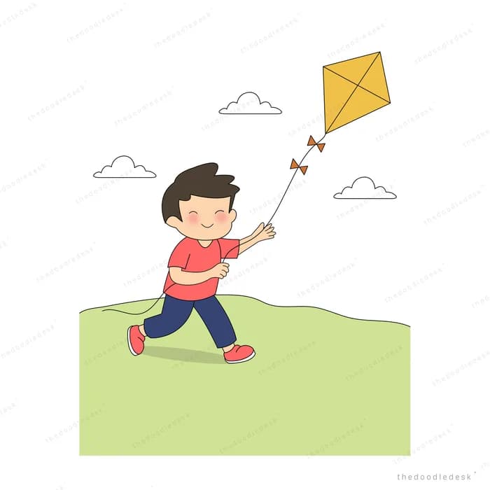 Boy running across a field flying a yellow kite