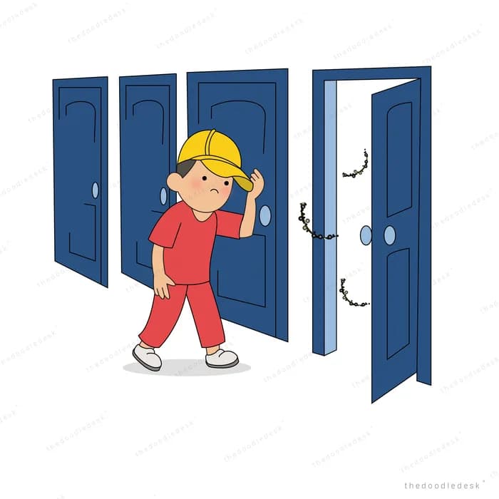 Girl in a hard hat walking past a row of blue doors with one standing open