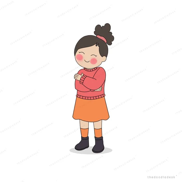 Girl in a red sweater hugging herself against the cold with her cape flapping