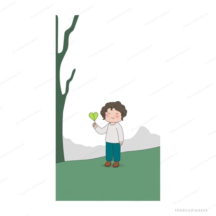 Small boy holding a sprig of green beside a tall bare tree on a hill