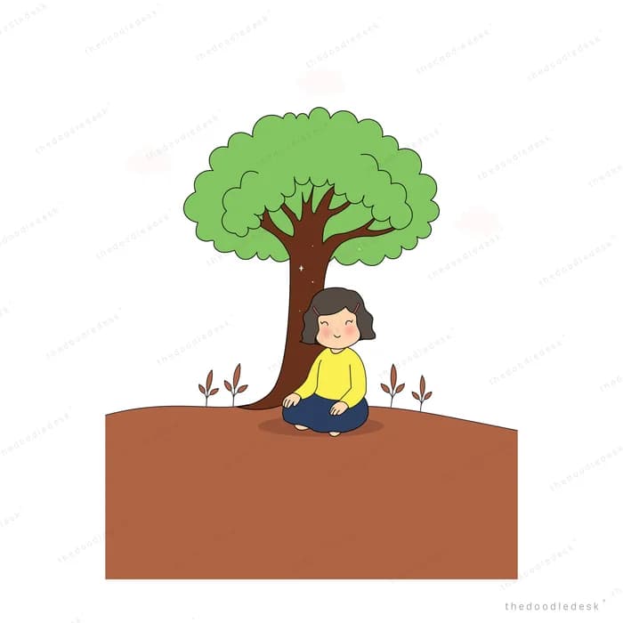 Boy sitting under a leafy tree in a bed of brown soil