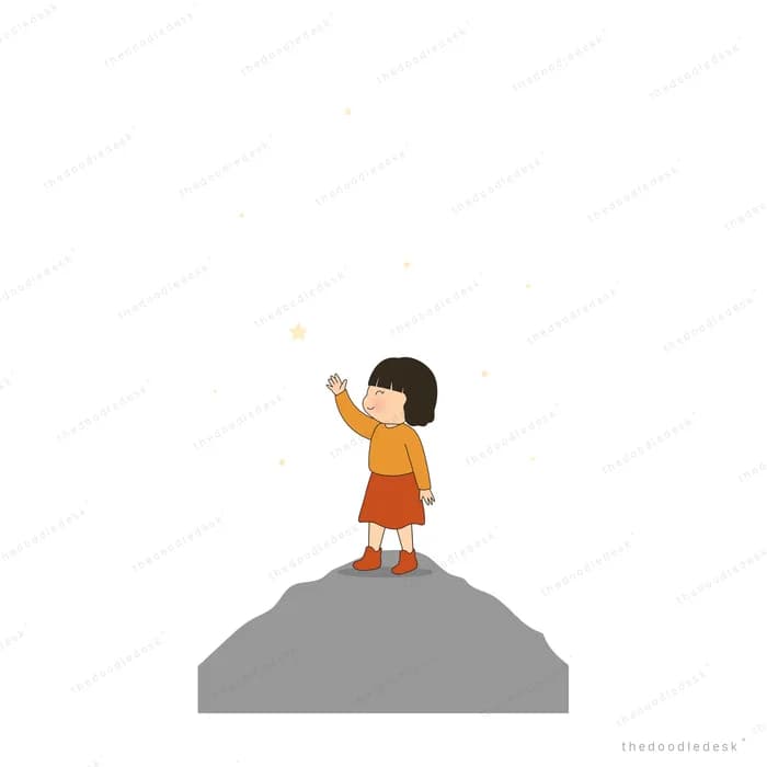 Girl standing on a grey boulder reaching one hand upward