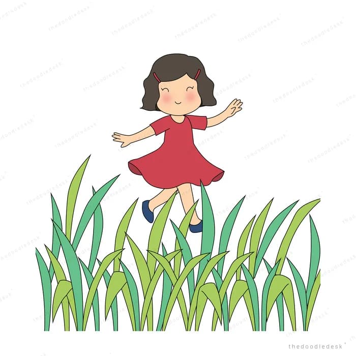 Girl running through tall grass with a red ribbon streaming behind her
