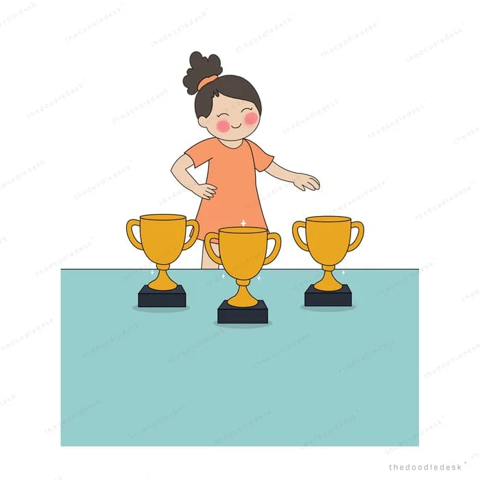 Girl standing behind a table displaying three gold trophies