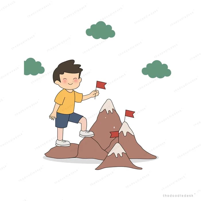 Boy planting little red flags on the peaks of small mountains