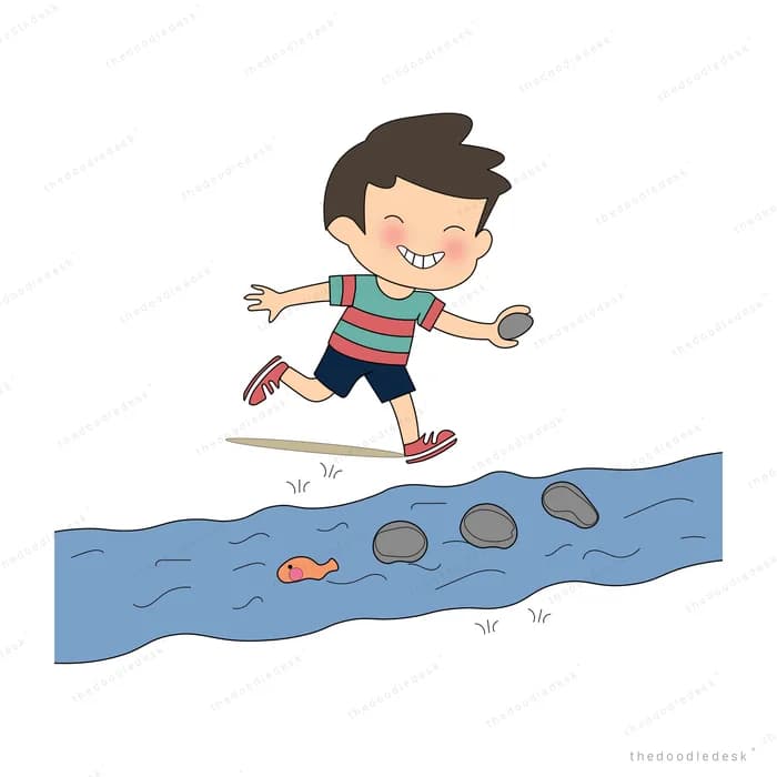 Boy hopping across stepping stones set in a blue stream