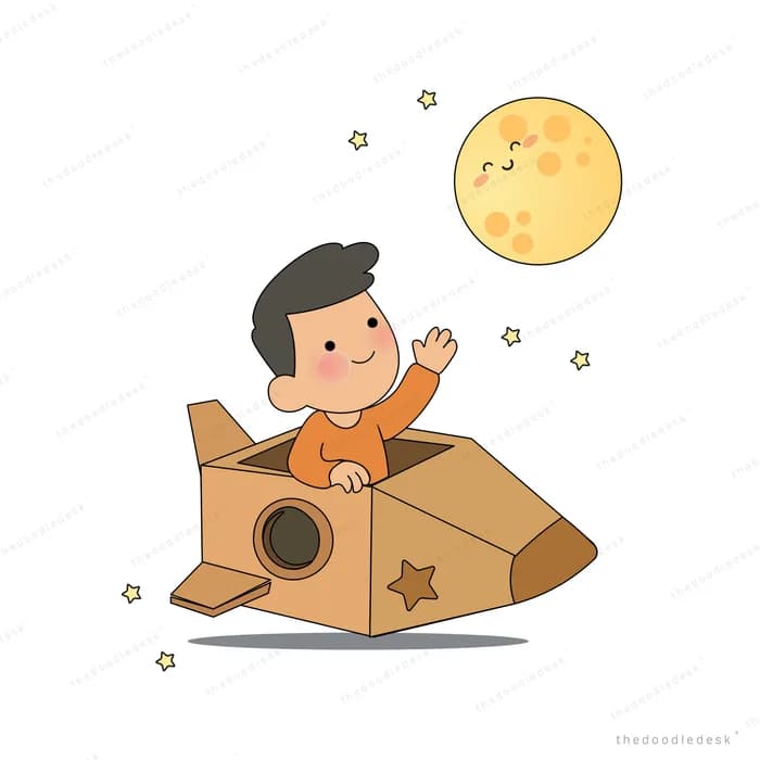 Boy piloting a cardboard box rocket under a big yellow moon