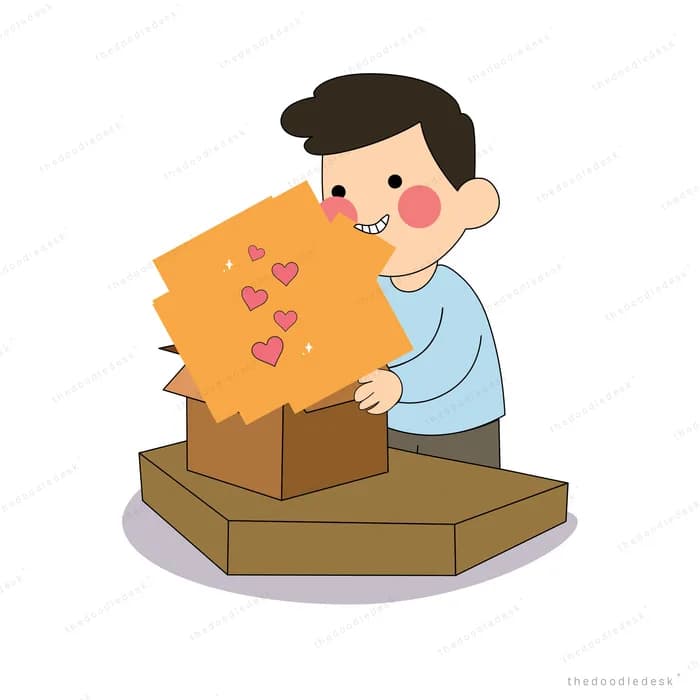 Boy opening a cardboard box that glows with hearts inside