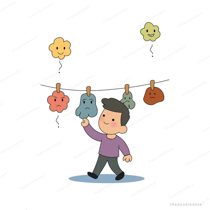 Man pegging small soft toys onto a washing line under cloud balloons