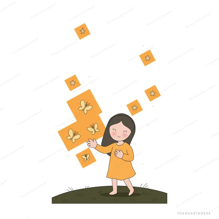 Girl blowing a dandelion so its glowing seeds scatter around her