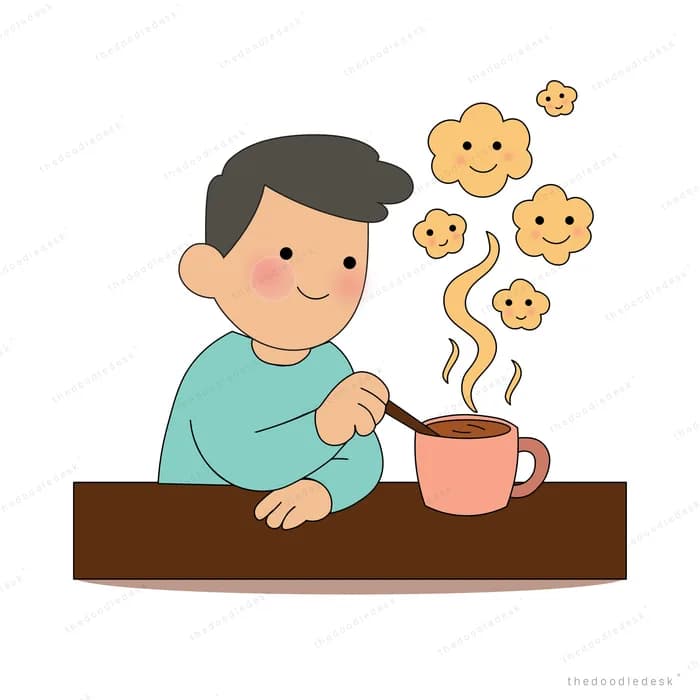 Man stirring a steaming mug at a table with smiling cookie shapes rising from it