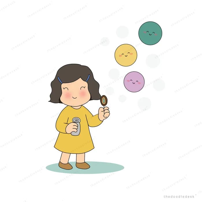 Girl in a yellow dress holding a lamp with coloured moons floating beside her