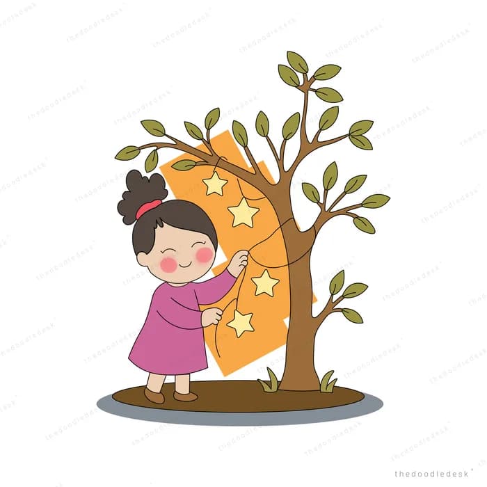 Girl in a pink dress hanging glowing stars on the branches of a bare tree
