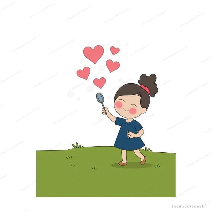 Girl on a green hill catching floating pink hearts with a small net