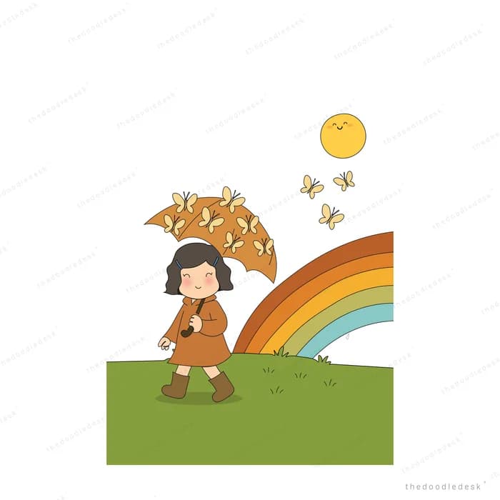 Girl on a green field beside a rainbow as butterflies scatter up toward the sun