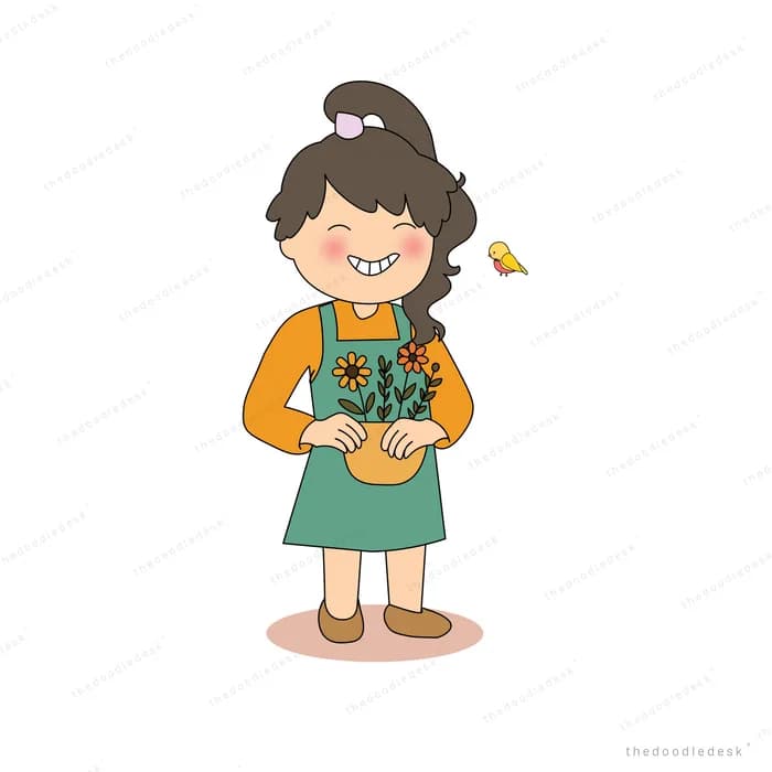 Girl in a green apron holding a bunch of freshly picked herbs