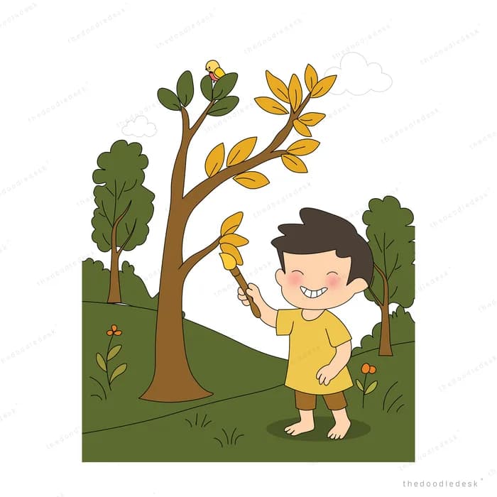 Boy lying on the grass under a yellow autumn tree holding up a leaf