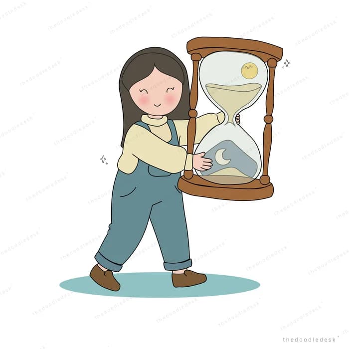 Girl in dungarees carrying a large hourglass in both arms
