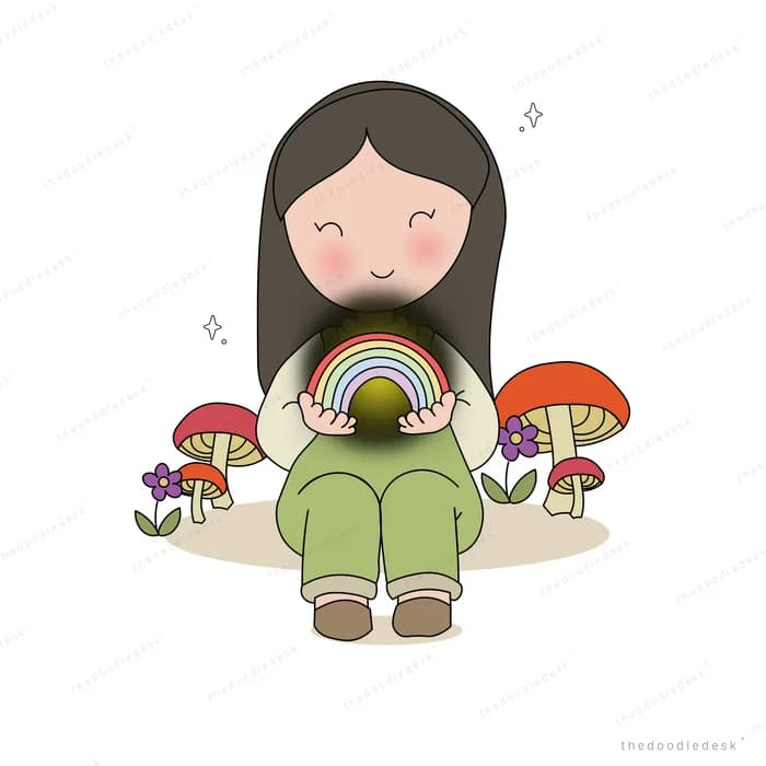 Girl holding a small rainbow in her hands among red-capped mushrooms