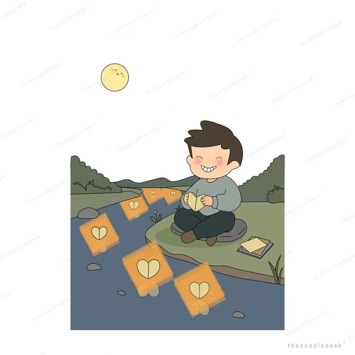 Boy sitting on a rock at the edge of a pond releasing glowing heart lanterns onto the water under a moon