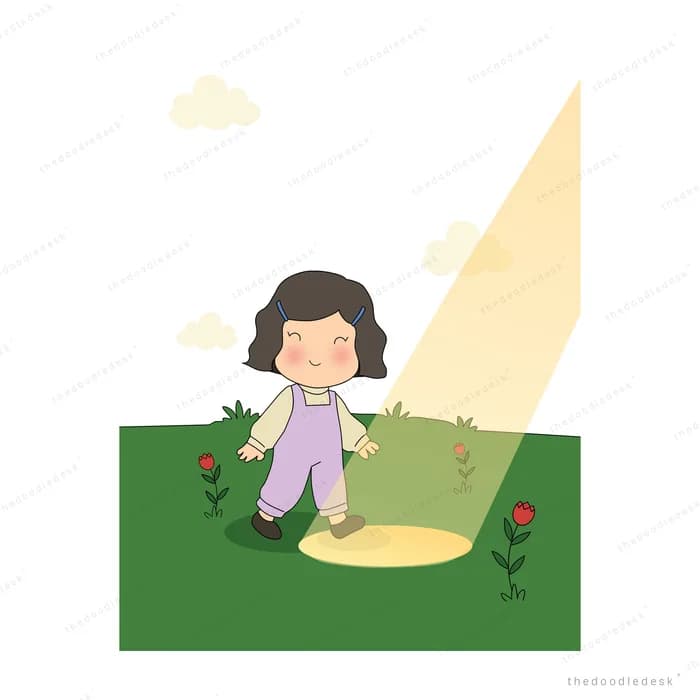 Girl in a purple dress lying on a green lawn inside a wide beam of sunlight