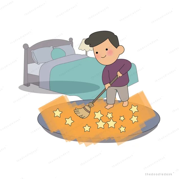 Boy sweeping fallen stars off a dark blue oval beside his bed and lamp