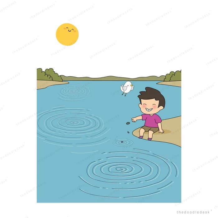Boy crouching at the shore skipping stones across a lake with ripples under a smiling sun